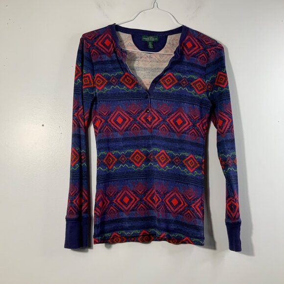 Womens Vintage LRL 1/2 Button Aztec Print Tee Shirt Long Sleeve XS Blue Red Gree - Picture 1 of 3